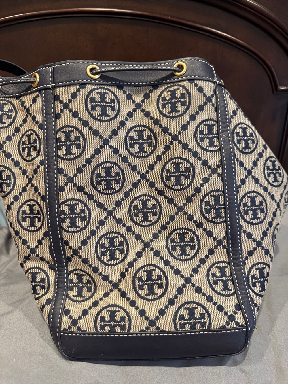 Tory Burch Navy and Beige Logo Canvas Drawstring Tote with Leather Trim - Picture 9 of 11